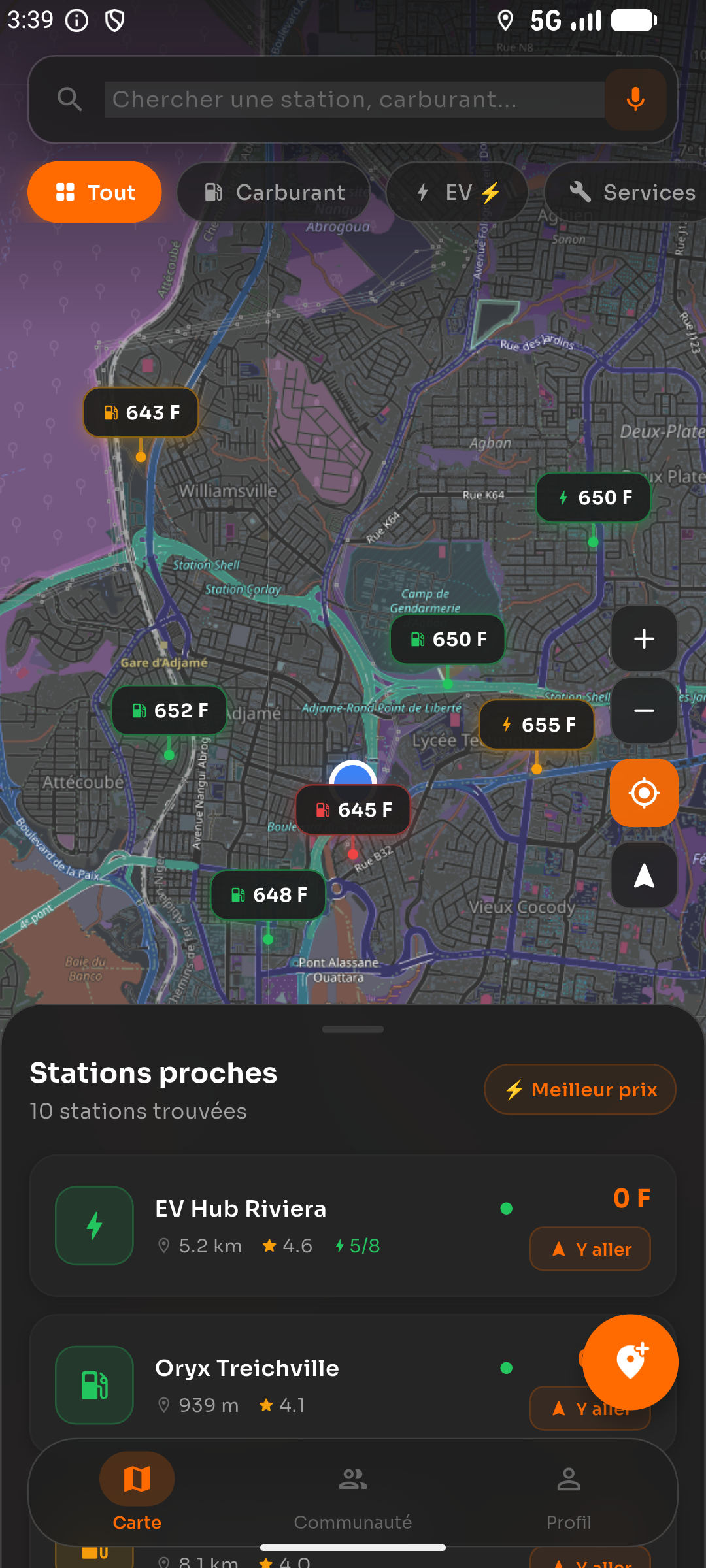 Carte KONEKT avec stations et prix en temps réel